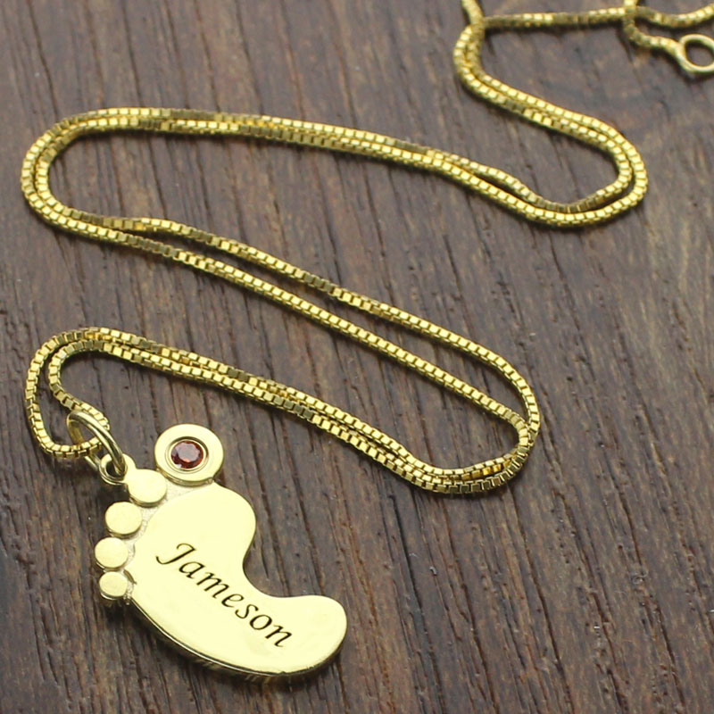 Charming Gold Mom Jewelry Engraved Baby Feet with Birthstone name